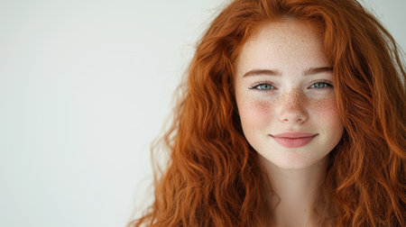 Smiling redhead woman with freckles and curly hairの素材