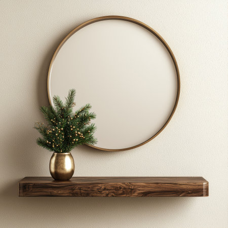 Elegant round mirror with wooden shelf and holiday decorの素材