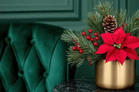 festive christmas decoration with pine branches, red poinsettia, and golden vaseの素材