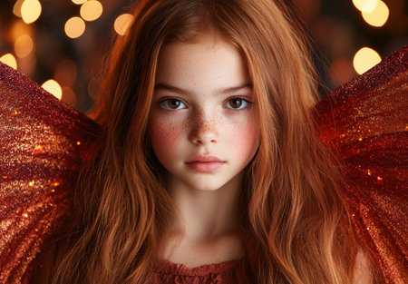 Enchanting young girl with fiery red hair and sparkling lightsの素材
