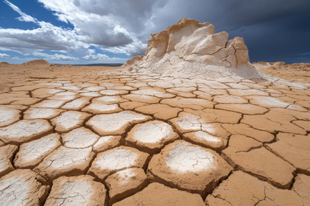 Dramatic desert landscape with cracked earth and towering rock formationsの素材