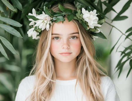 young woman with floral crown in natureの素材