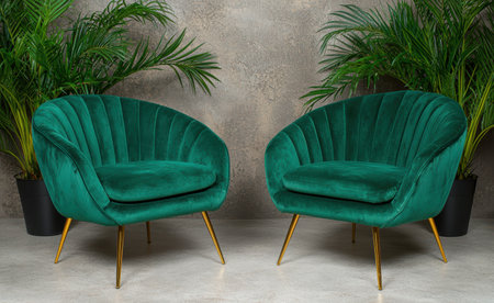 Luxurious green velvet armchairs in modern interior designの素材