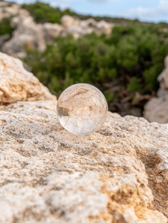 Transparent glass sphere on rocky terrainの素材