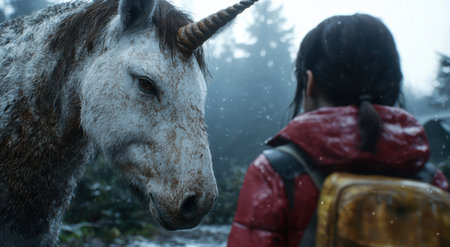 Majestic unicorn encounter in snowy forestの素材