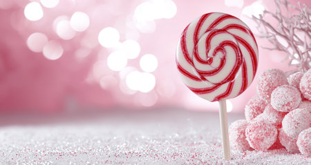 Festive candy cane lollipop on sparkling backgroundの素材