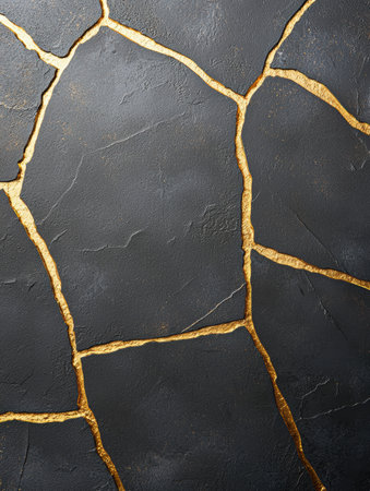 Cracked golden lines on black stone textureの素材