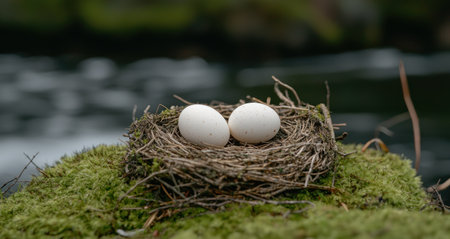 Nest with two white eggs in the mossの素材