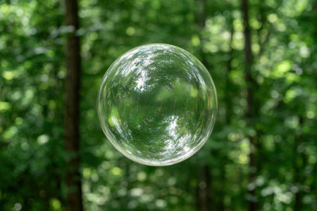 Transparent glass sphere reflecting green forestの素材