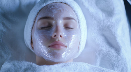 woman with facial mask relaxing in spaの素材