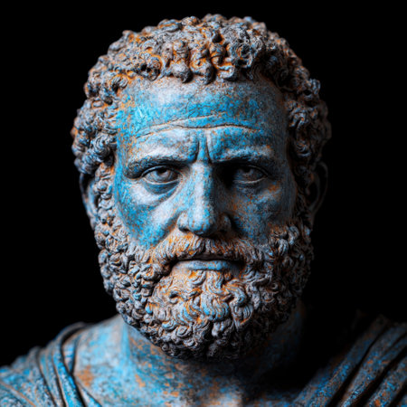 Weathered ancient bronze statue with intricate detailsの素材