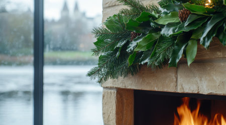 cozy winter fireplace with evergreen decorの素材