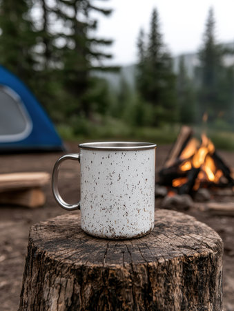 Cozy camping scene with mug on logの素材
