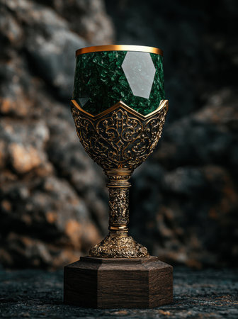 Ornate golden chalice with emerald gemstoneの素材