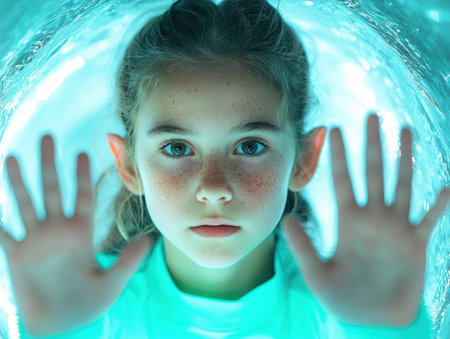 girl with freckles looking through glassの素材