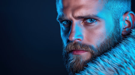Close-up portrait of a serious-looking man with a beardの素材