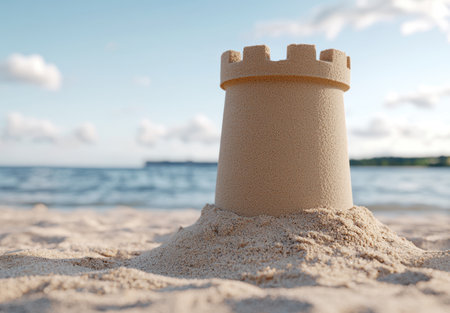 sand castle on beach with ocean in backgroundの素材