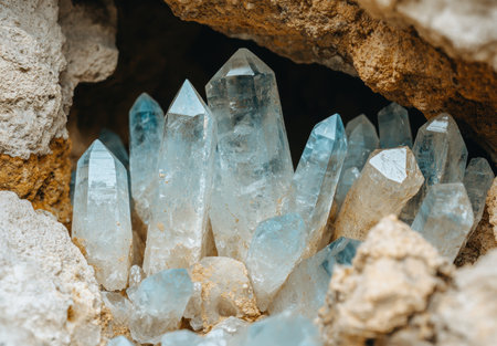 Cluster of clear quartz crystals in a caveの素材