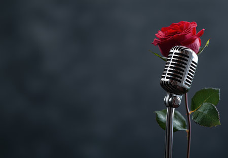 Retro microphone with red roseの素材