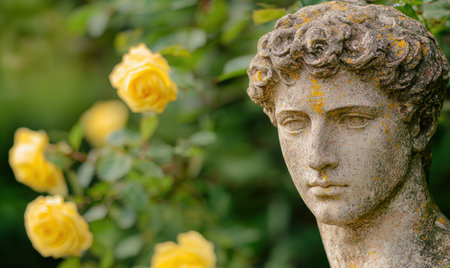 ancient stone statue with yellow rosesの素材