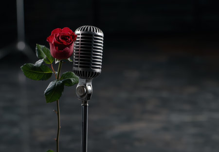 Vintage microphone with red roseの素材