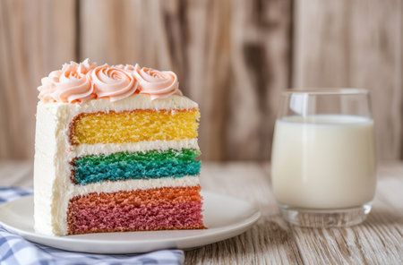 Colorful layered cake with pink frosting rosesの素材