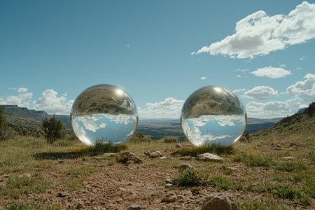 Surreal landscape with mirrored glass spheresの素材