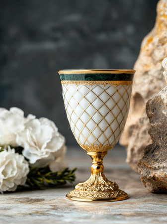 ornate golden chalice with white flowersの素材
