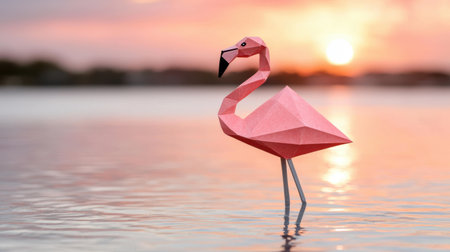 Origami flamingo in tranquil lake at sunsetの素材