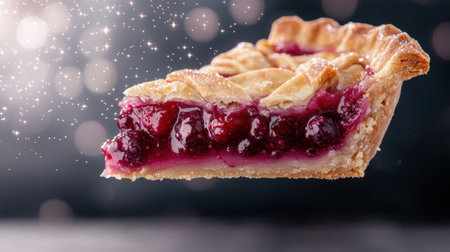 Delicious homemade cherry pie slice with sparkling lightsの素材