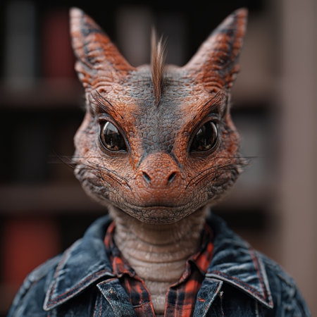 Close-up portrait of a scaly reptilian creature wearing a denim jacketの素材