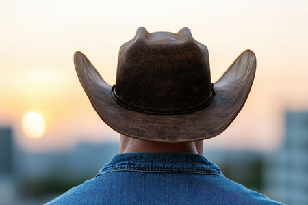 Cowboy hat against sunset backdropの素材