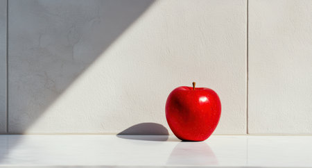 Vibrant red apple on a minimalist white backgroundの素材