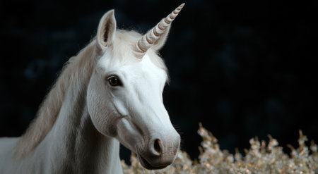 Majestic white unicorn with horn in dark backgroundの素材