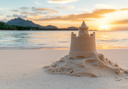 Sunset over a sand castle on the beachの素材