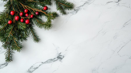 christmas holiday decoration with pine branches and red berries on marble backgroundの素材
