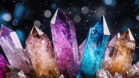 Sparkling Gemstone Crystals in Cosmic Night Skyの素材