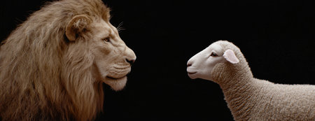 powerful lion and innocent lamb face to faceの素材