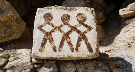 ancient rock carving of three figures holding handsの素材