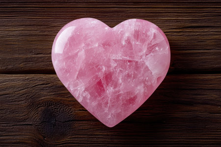 heart-shaped rose quartz crystal on wooden backgroundの素材