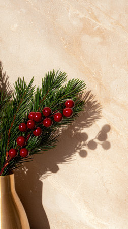 christmas pine branch with red berriesの素材