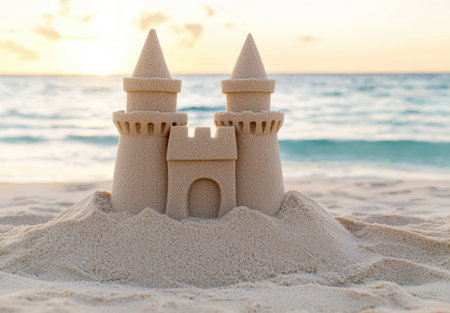 Sandcastle on the beach at sunsetの素材