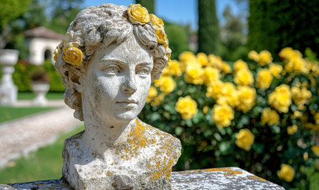 stone sculpture with yellow roses in gardenの素材