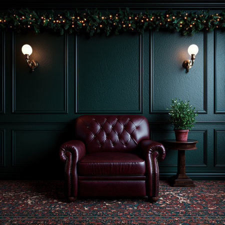 cozy leather armchair in elegant christmas-themed roomの素材