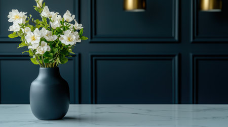 elegant white flowers in black vase on marble tableの素材