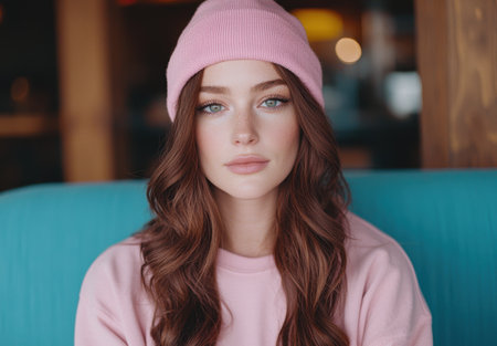 young woman in pink hat and sweaterの素材