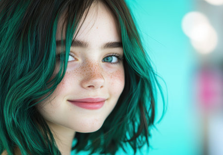 young woman with vibrant green hairの素材