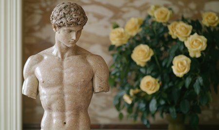 Marble statue of a muscular male figure with curly hairの素材