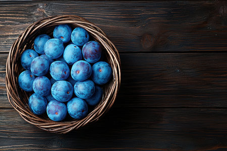 Basket of fresh, ripe blue plums on wooden backgroundの素材