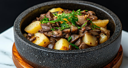 Hearty beef and potato stew in a rustic bowlの素材